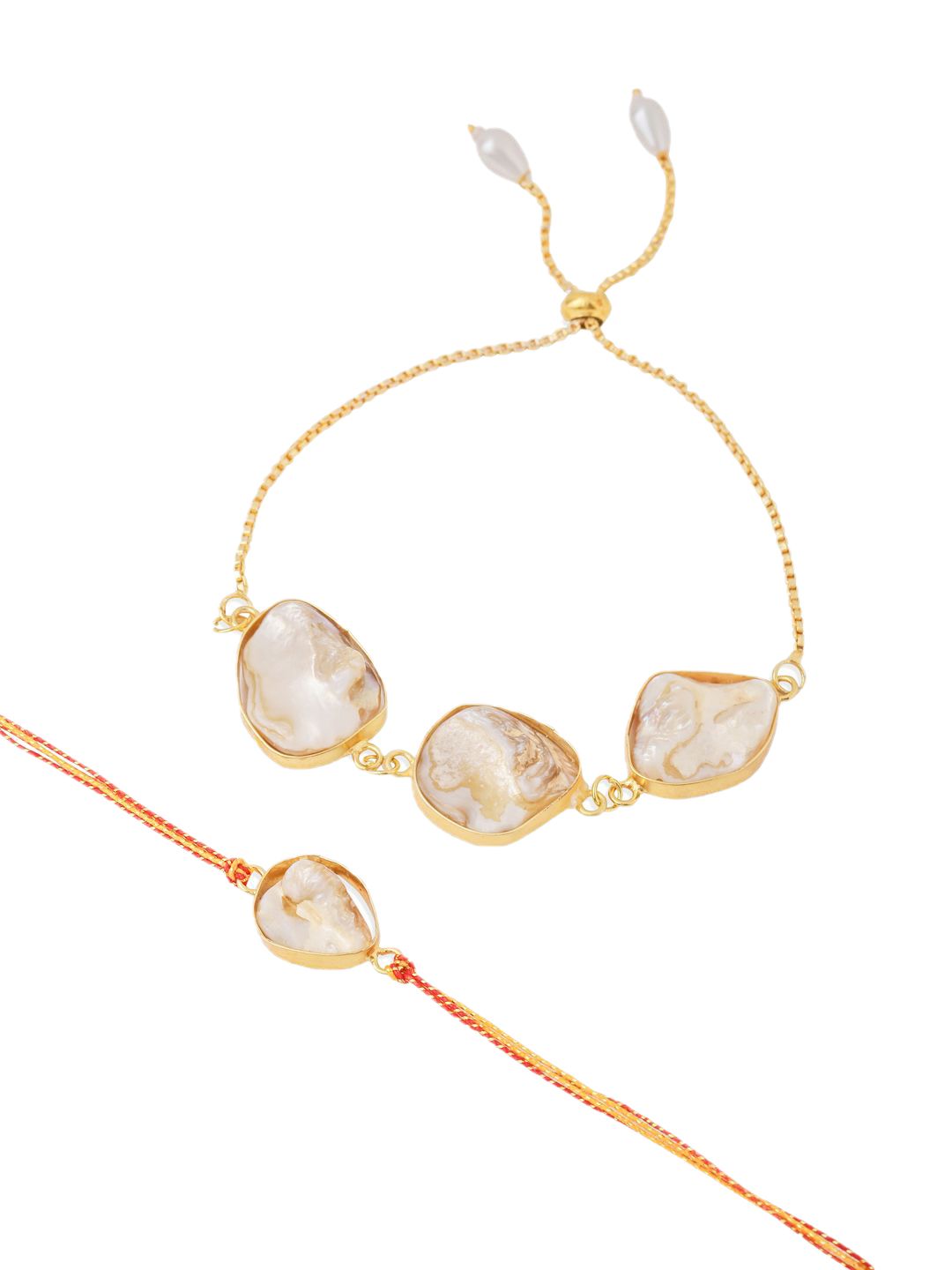 Anouk Set Of 2 Gold Toned Pearls Bhaiya Bhabhi Rakhi With Roli Chawal Chandan Mishri