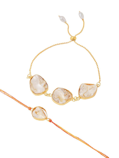 Anouk Set Of 2 Gold Toned Pearls Bhaiya Bhabhi Rakhi With Roli Chawal Chandan Mishri