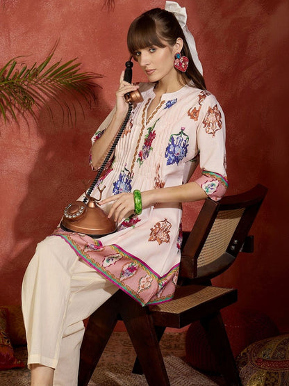 Women Ethnic Motifs Printed Regular Thread Work Pure Cotton Kurti with Trousers