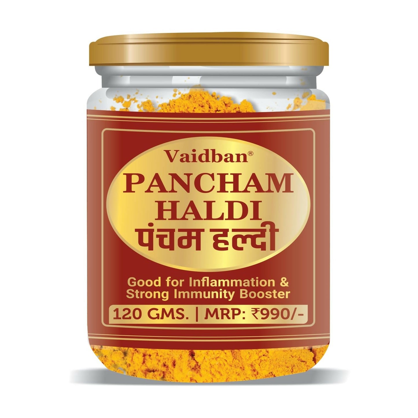 Vaidban Pancham Haldi organic turmeric powder in a white bowl, showcasing its bright yellow color and fine texture.
