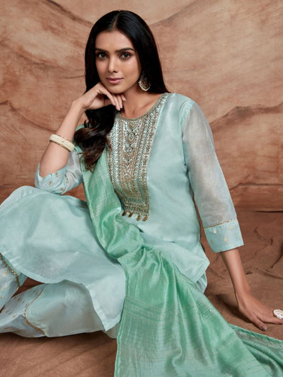 Indyancart SN Women's Floral Embroidered Sequinned Chanderi Silk Straight Kurta & Palazzo With Dupatta