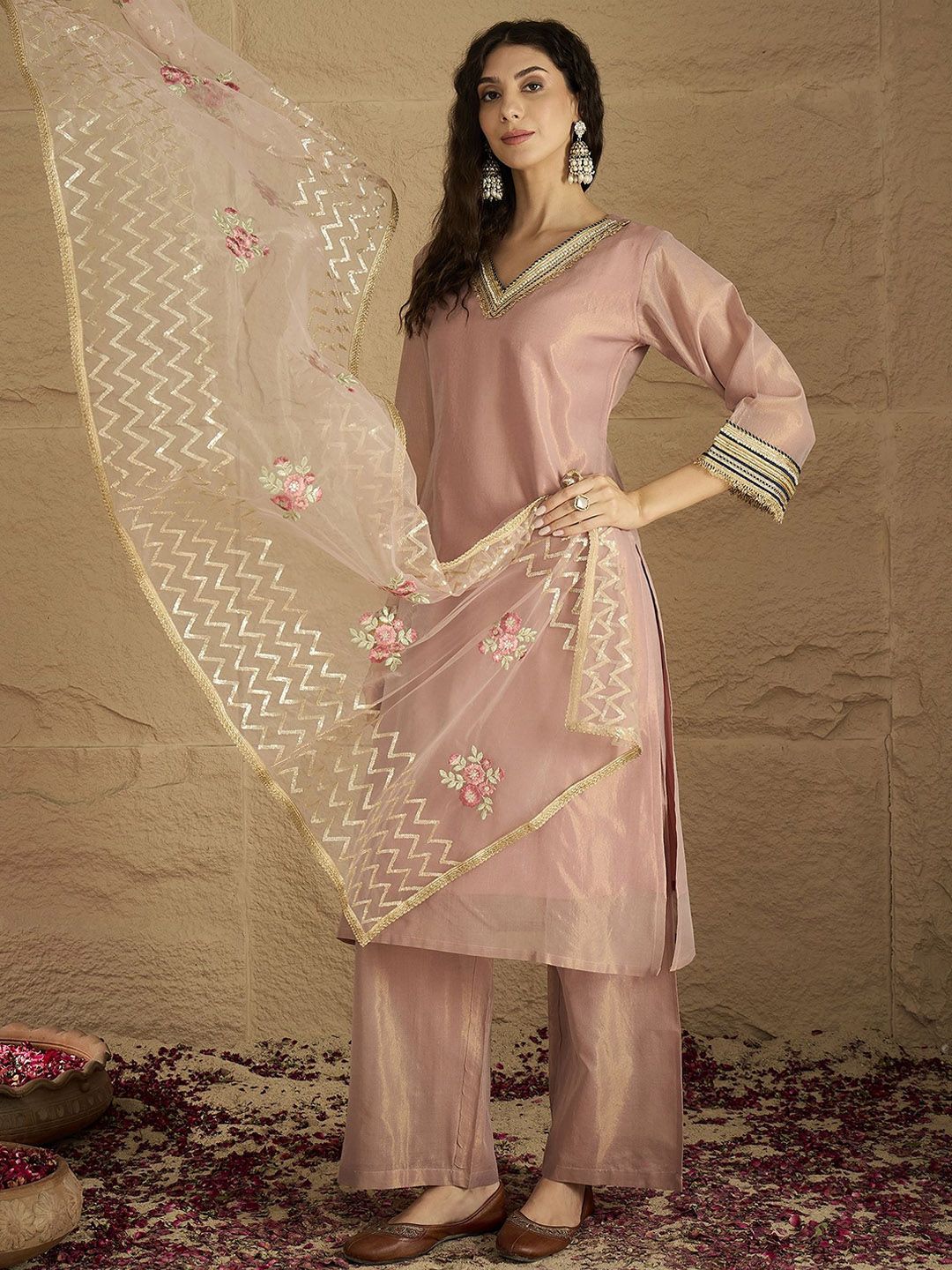 Indyancart VA Women Solid Kurta with Palazzo & Dupatta