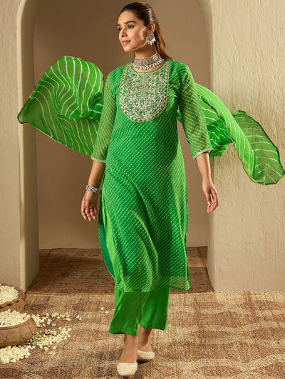 Indyancart IE Leheriya Printed Straight Sequinned Georgette Kurta with Trousers & Dupatta