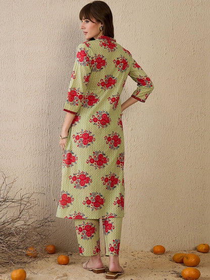 Women Floral Printed Regular Mirror Work Pure Cotton Kurta with Trousers