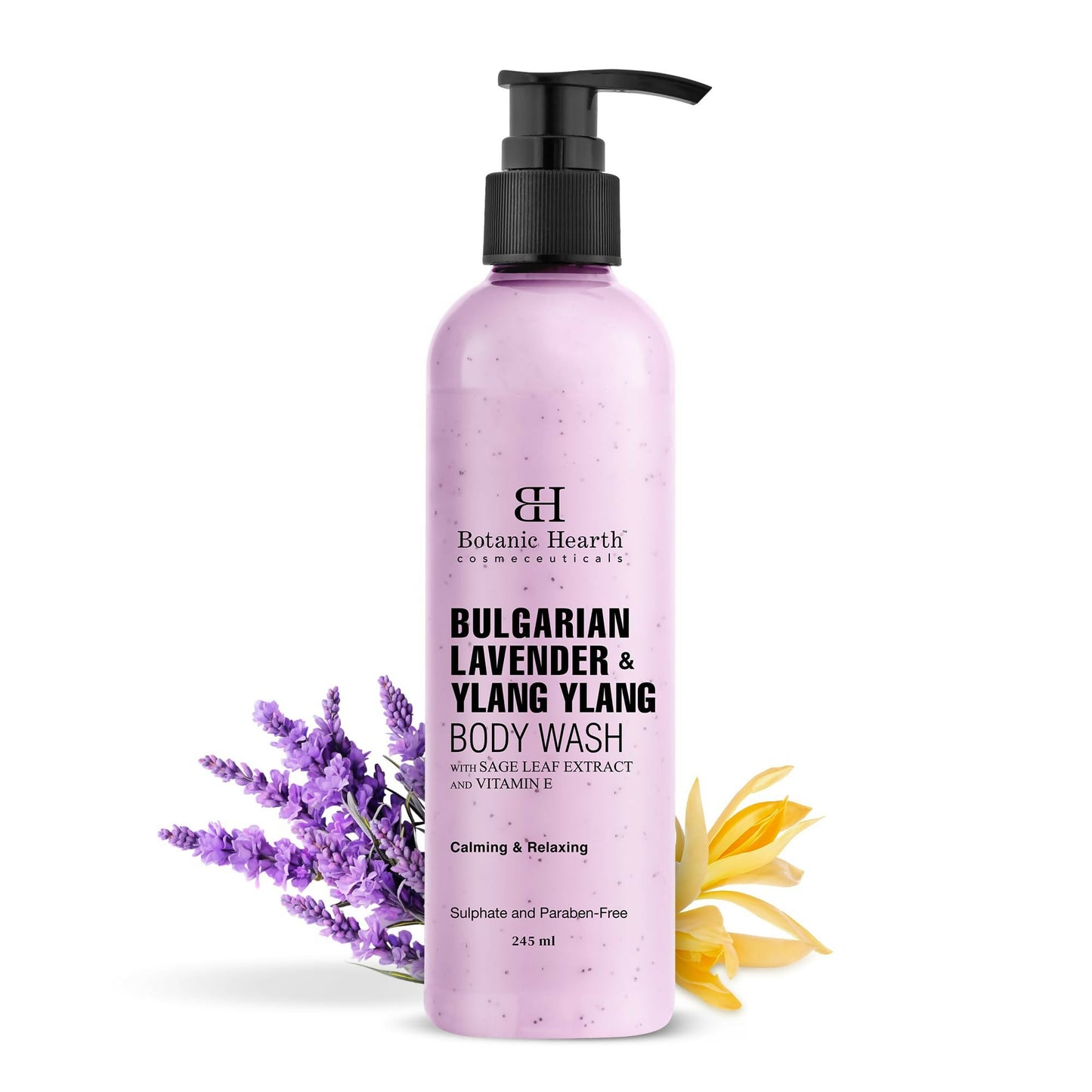 Botanic Hearth Bulgarian Lavender & Ylang Ylang Body Wash with Vitamin E and sage leaf extracts, showing a pump bottle.