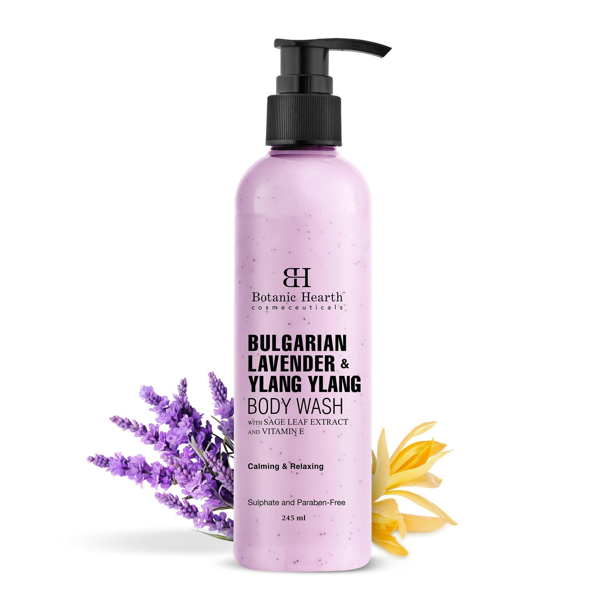 Botanic Hearth Bulgarian Lavender & Ylang Ylang Body Wash with Vitamin E and sage leaf extracts, showing a pump bottle.
