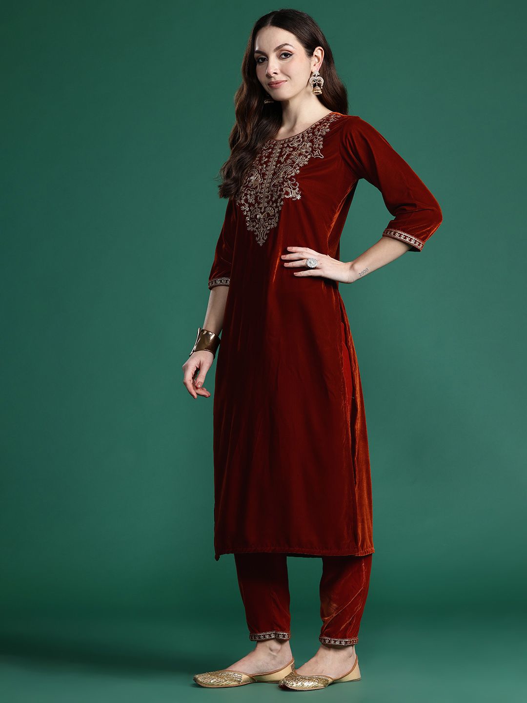 Indyancart IE Floral Embroidered Velvet Kurta with Trousers & With Dupatta