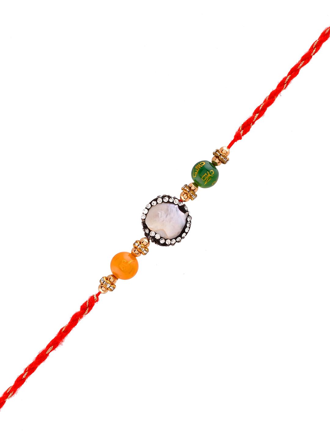 Anouk Orange Stone Studded & Beaded Thread Rakhi With Roli Chawal & Greeting Card