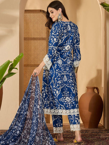 Indyancart SN Women's Floral Printed V-Neck Straight A-Line Kurta With Trousers And Dupatta
