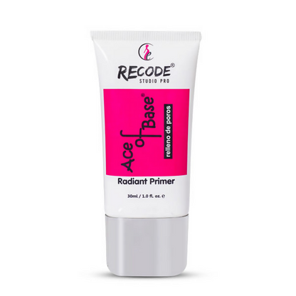 Recode Ace of Base Radiant Face Primer in a sleek tube, designed to create a smooth, glowing finish for the skin.