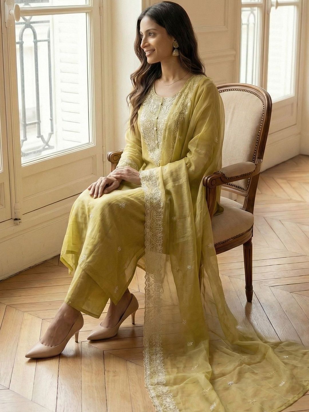 Indyancart IE Women Ethnic Motifs Embroidered Regular Thread Work Kurta with Palazzos & With Dupatta