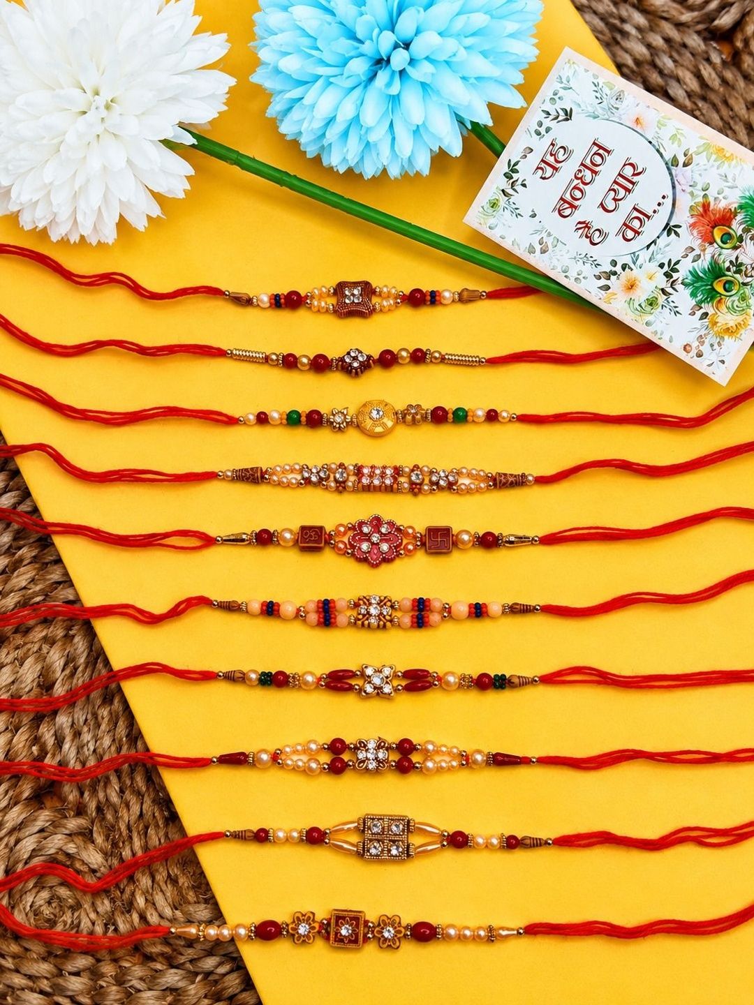Anouk Set Of 10 Artificial Stones & Beads Thread Rakhi With Roli Chawal Chandan Mishri