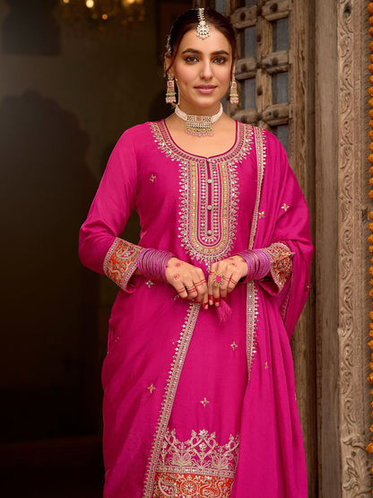 Dhiyona IE Sequinned Embroidered Round Neck Kurta With Palazzos & Dupatta