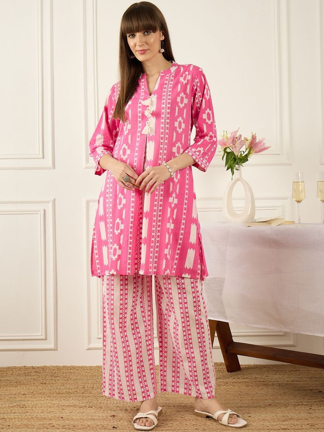 Floral Printed Thread Work Pure Cotton Kurta With Palazzos