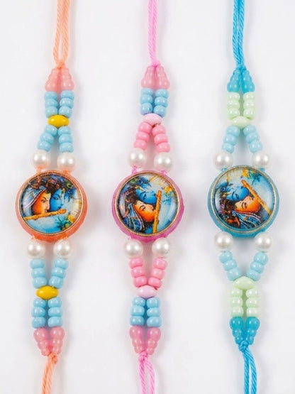 Anouk Set Of 3 Radha Krishna Thread Rakhi With Roli Chawal Chandan Mishri