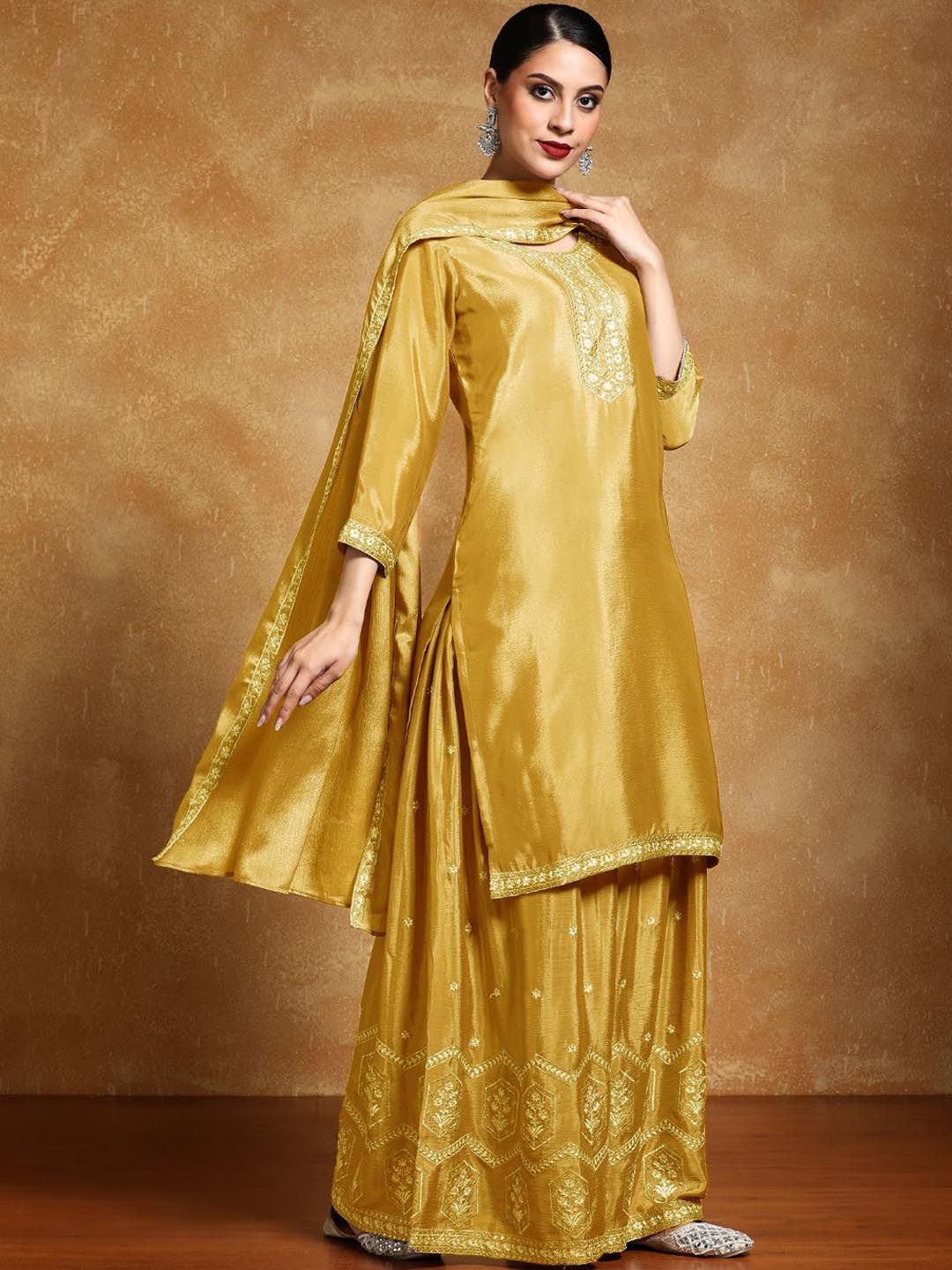 Indyancart VA Ethnic Motifs Embroidered Beads and Stones Silk Crepe Kurta With Sharara & Dupatta