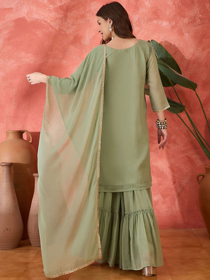 Indyancart SN Women's Ethnic Motifs Embroidered V-Neck Kurta & Sharara With Dupatta