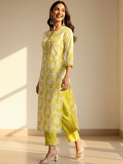 Floral Printed Round Neck Thread Work Pure Cotton Straight Kurta With Trouser