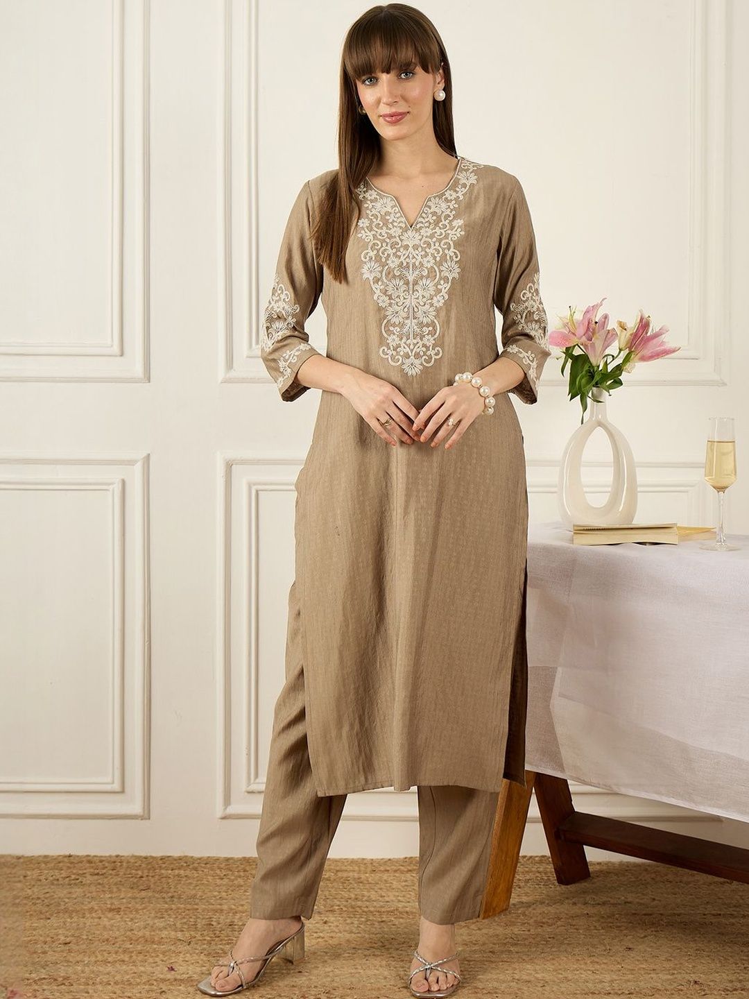 Floral Printed Thread Work Pure Cotton Kurta With Palazzos