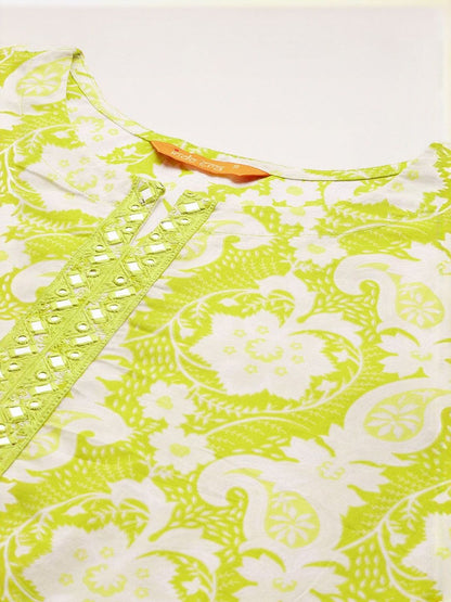 Floral Printed Mirror Work Pure Cotton Kurta With Trouser And Dupatta