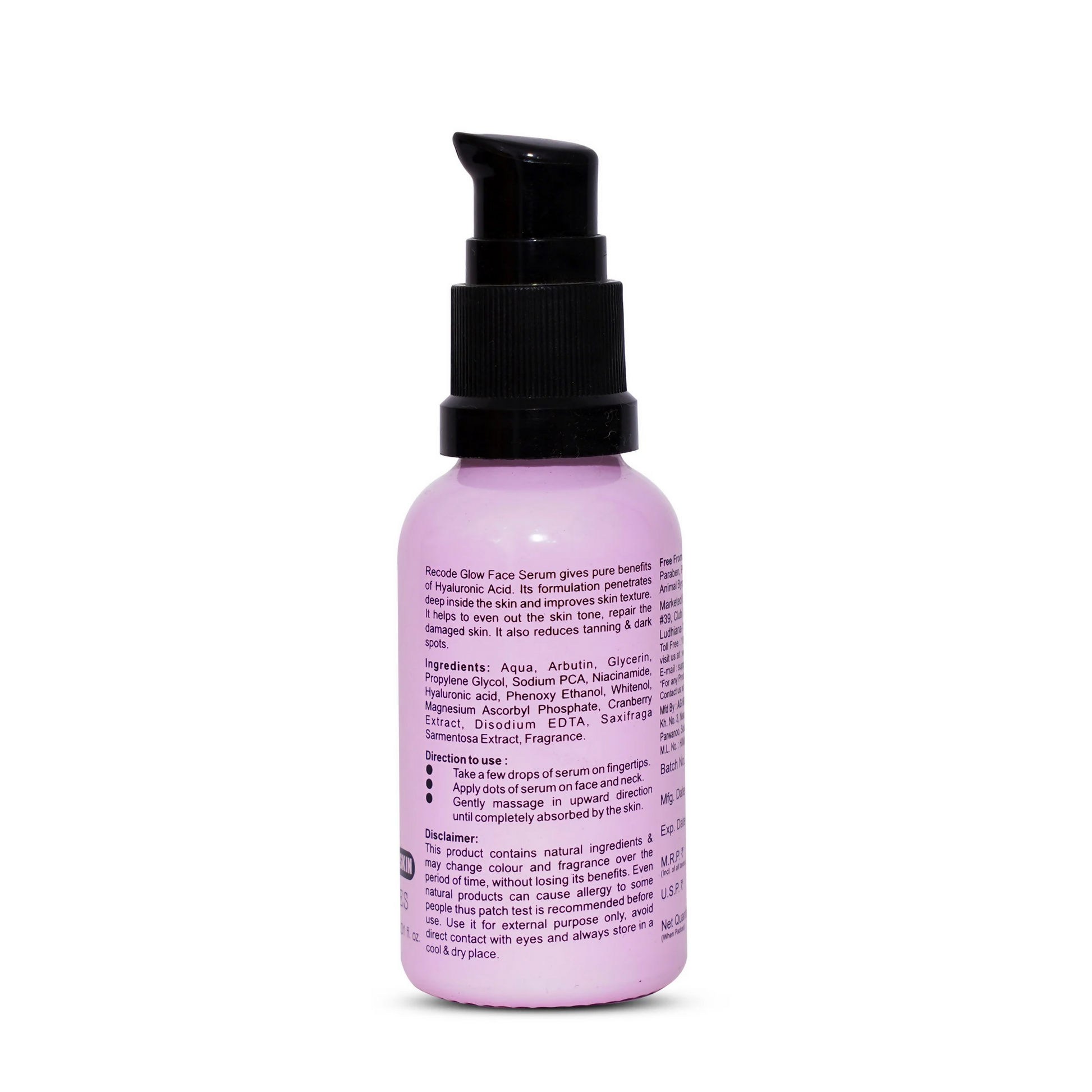Recode Ace of Base Glow Face Serum in a sleek bottle, featuring clear liquid and a modern pump applicator for radiant skin.