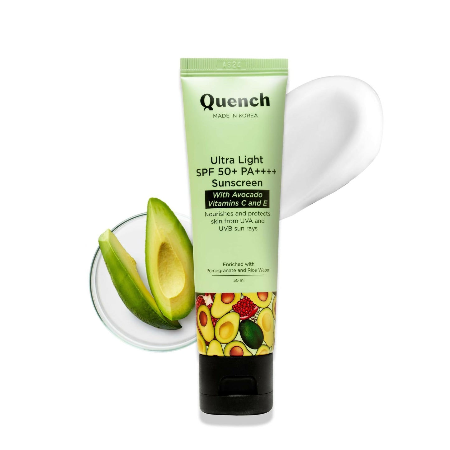 Quench Vitamin E Ultra Light SPF 50+ PA++++ sunscreen bottle with a white pump dispenser and minimalist skincare packaging.