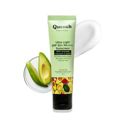 Quench Vitamin E Ultra Light SPF 50+ PA++++ sunscreen bottle with a white pump dispenser and minimalist skincare packaging.