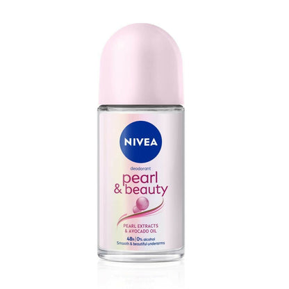 Nivea Pearl and Beauty Deo Roll On with pearl extracts and avocado oil, showcasing smooth underarms in a close-up image.