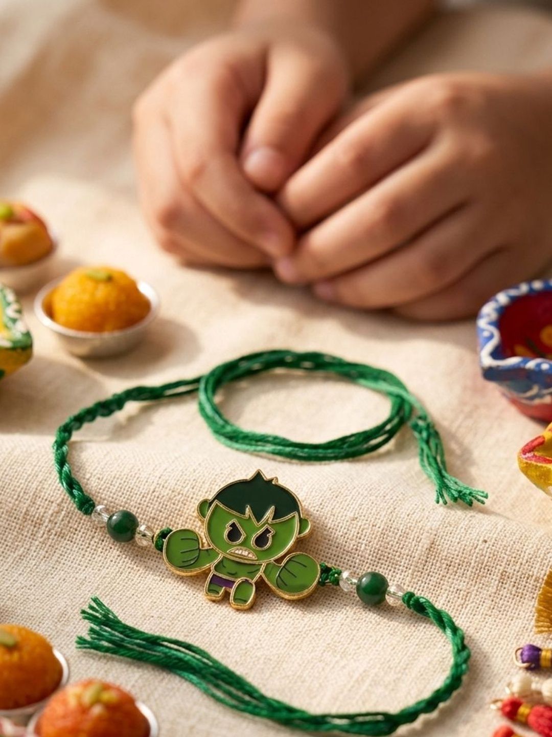 Anouk Kids Hulk Character Artificial Beads Thread Rakhi With Roli Chawal Chandan Mishri