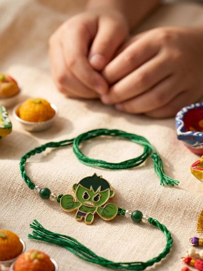 Indyancart Kids Hulk Character Artificial Beads Thread Rakhi With Roli Chawal Chandan Mishri