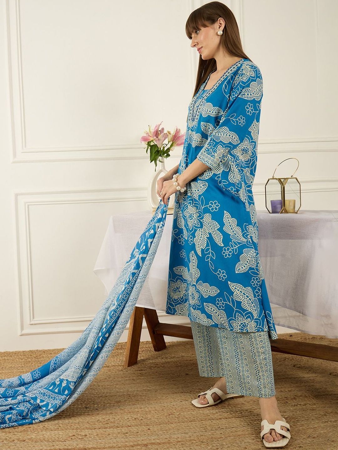 Women Floral Printed Regular Pure Cotton Kurta with Palazzos & With Dupatta