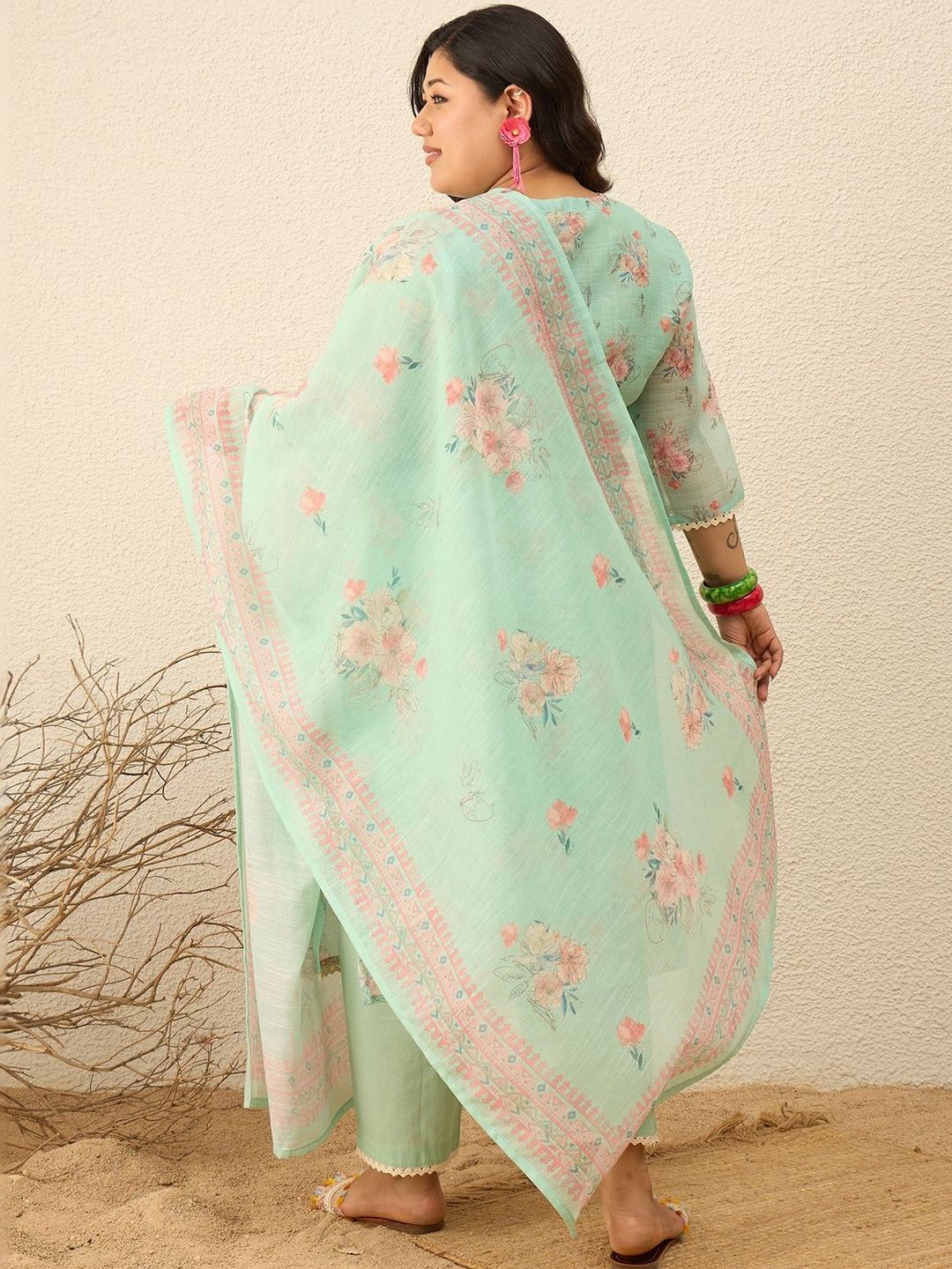 Indyancart Women's Floral Embroidered Regular Gotta Patti Kurta with Trousers & With Dupatta