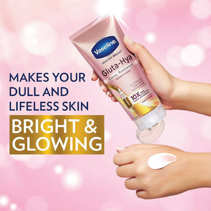 Vaseline Gluta Hya Serum-in-Lotion body lotion with dewy, radiant glow, featuring a sleek bottle and radiant skin in the background.