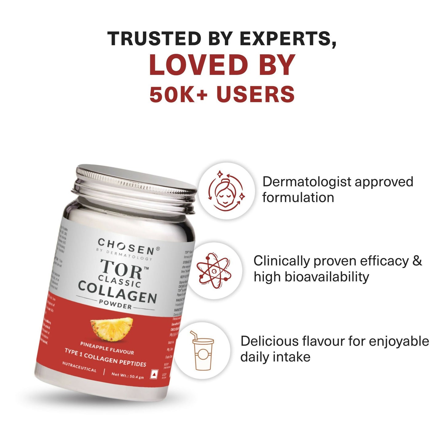 Chosen Tor Classic Marine Collagen Powder for skin, hair, and joint health, shown in a clear container with a scoop.