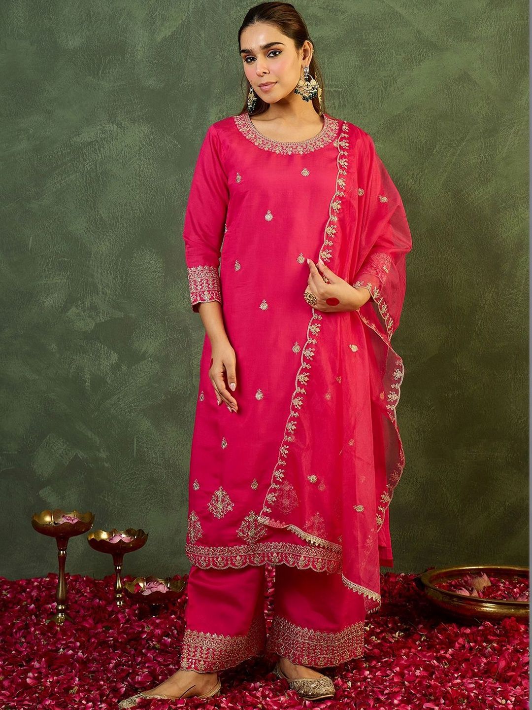 Indyancart IE Women Ethnic Motifs Embroidered Regular Thread Work Kurta with Palazzos & With Dupatta