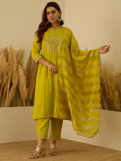 Indyancart VV Myraa Lemon Women Kurta and Pant Dupatta Sets Chanderi Silk Fabrics with Embroidery