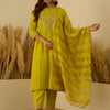 Dhiyona VV Myraa Lemon Women Kurta and Pant Dupatta Sets Chanderi Silk Fabrics with Embroidery