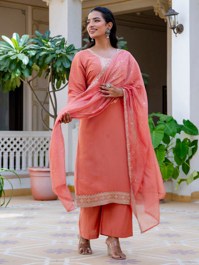 Indyancart VV Women's Embroidered Silk Blend Calf Length Straight Kurta with Palazzo & Dupatta Set