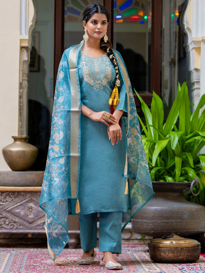 Indyancart VV Women's Embroidered Silk Blend Calf Length Straight Kurta Trouser with Dupatta Set