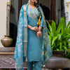 Dhiyona VV Women's Embroidered Silk Blend Calf Length Straight Kurta Trouser with Dupatta Set