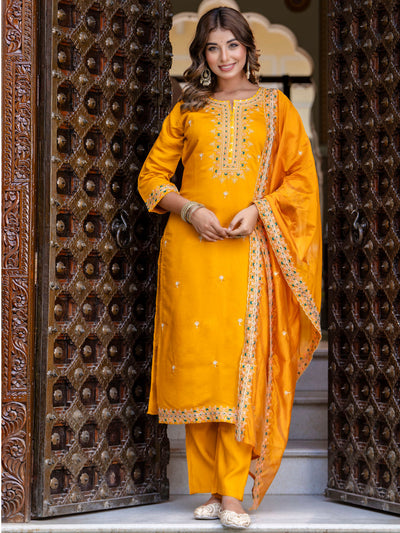 Indyancart VV Women's Embroidered Silk Blend Calf Length Straight Kurta Trouser with Dupatta Set