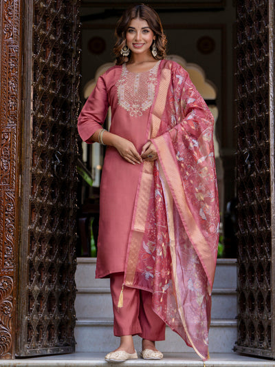 Indyancart VV Women's Embroidered Silk Blend Calf Length Straight Kurta Trouser with Dupatta Set