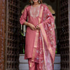 Dhiyona VV Women's Embroidered Silk Blend Calf Length Straight Kurta Trouser with Dupatta Set