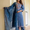 Dhiyona VV Women's Embroidered Silk Blend Calf Length Straight Kurta Trouser with Dupatta Set