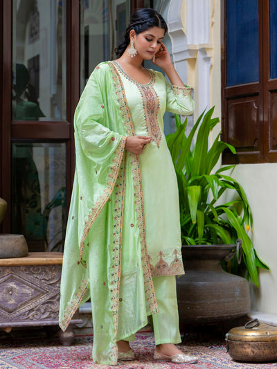 Indyancart VV Women's Embroidered Silk Blend Calf Length Straight Kurta Trouser with Dupatta Set