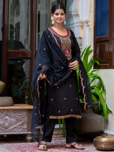 Indyancart VV Women's Embroidered Silk Blend Calf Length Straight Kurta Trouser with Dupatta Set