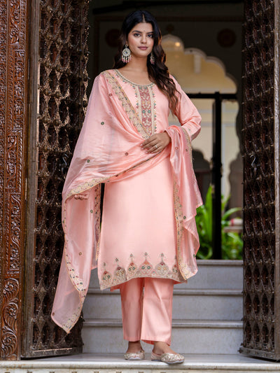 Indyancart VV Women's Embroidered Silk Blend Calf Length Straight Kurta Trouser with Dupatta Set