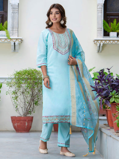 Indyancart VV Women's Embroidered Silk Blend Calf Length Straight Kurta Trouser with Dupatta Set