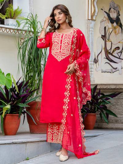 Indyancart VV Women's Embroidered Silk Blend Calf Length Straight Kurta with Palazzo & Dupatta Set