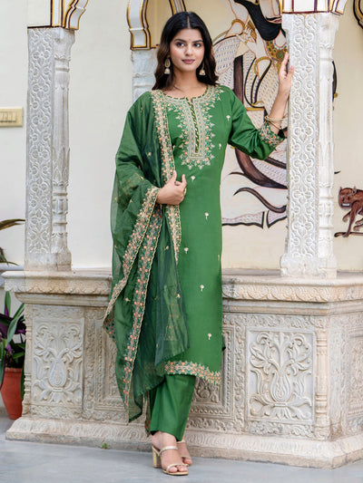 Indyancart VV Women's Embroidered Silk Blend Calf Length Straight Kurta Trouser with Dupatta Set